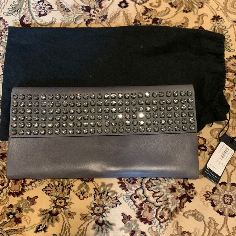 New Ronald Pineau crystal minibag gray leather clutch GORGEOUS from Elyse Walker